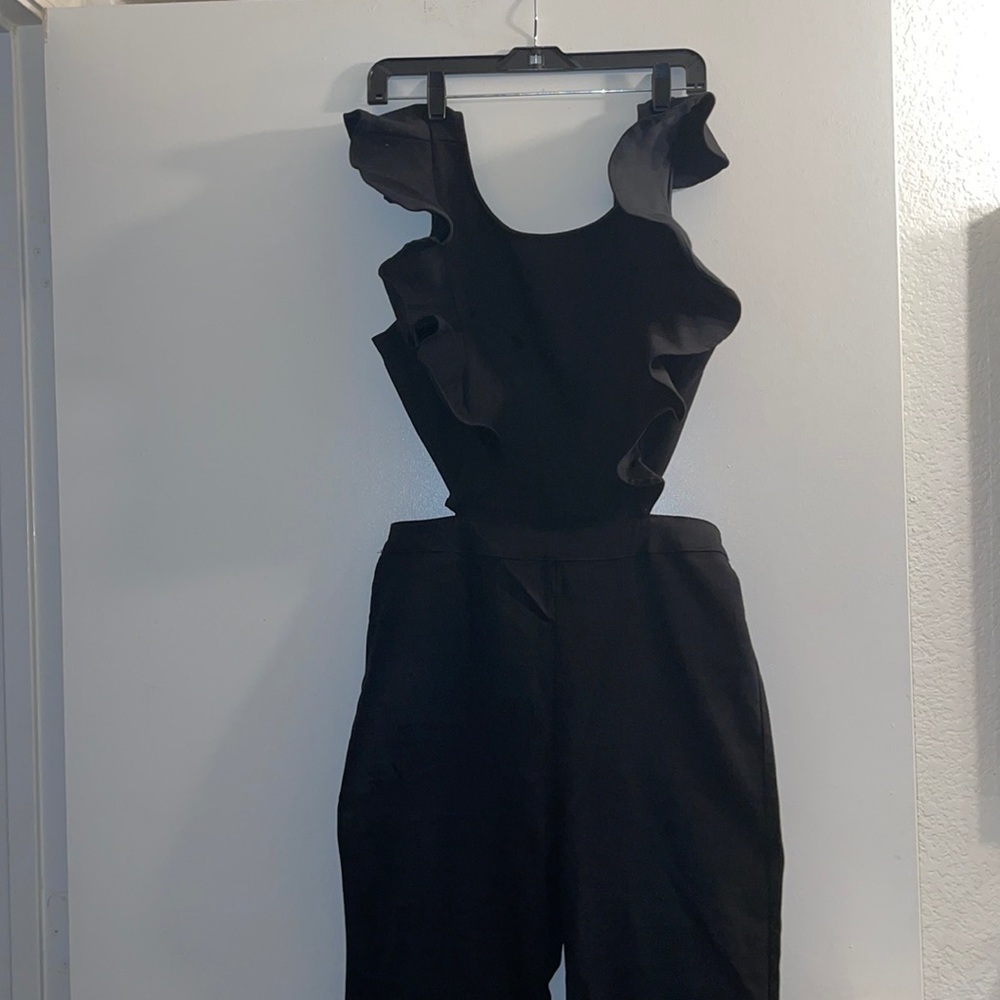 FASHION NOVA BLACK ONE PIECE DENIUM JUMPSUIT...BELL BOTTOM LEGS...SIZE LARGE...